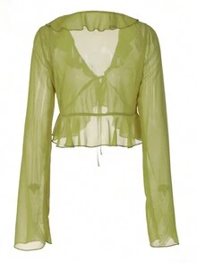 Blusa de manga larga con volantes, nudo frontal, diseño sexy para uso casual, vacaciones, fiestas y calle en primavera y verano - Verde - Ver 2