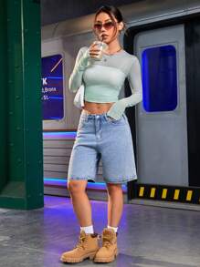 Gameset SHEIN Sport Women Fashionable Drawstring Design Short Sleeve Long Baseball Tee Shirt For Sports Gym Top - Green - View 3