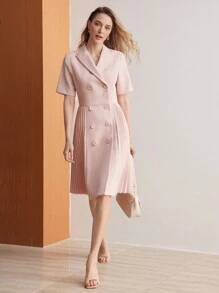 MOTF PREMIUM 實色尖領雙排扣襟褶皺拼接連衣裙