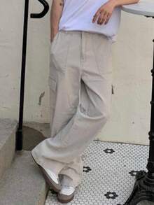 DAZY Quần ống rộng màu trơn thời trang cho nam giới cho mọi mùa - Màu Xám nhạt - Xem 8