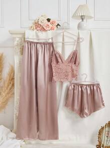 SHEIN 性感蕾丝吊带背心上衣、长裤、短裤 3 件套女士睡衣套装 - 藕粉色 - 查看 2
