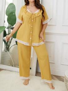 Pajama Set für große Größen mit kurzen Ärmeln und V-Ausschnitt mit Knopfverschluss, Spitzen Patchwork mit langen Hosen