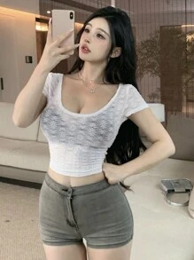 DAZY Women Summer Crop Top With Short Sleeves, Large Round Neck And Fitted Design With Sheer Details - White - View 3