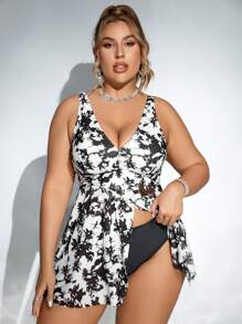 SHEIN Swim Curve Plus Size Summer Beach Allover Printed V-Neck Swim Dress & Swim Bottom - Black and White - View 7