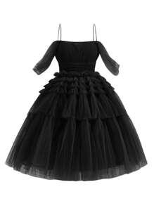 SHEIN Belle Cold Shoulder Mesh Layered Mesh Cake Dress Women Cocktail Fluffy Dress, Halloween - Black - View 1