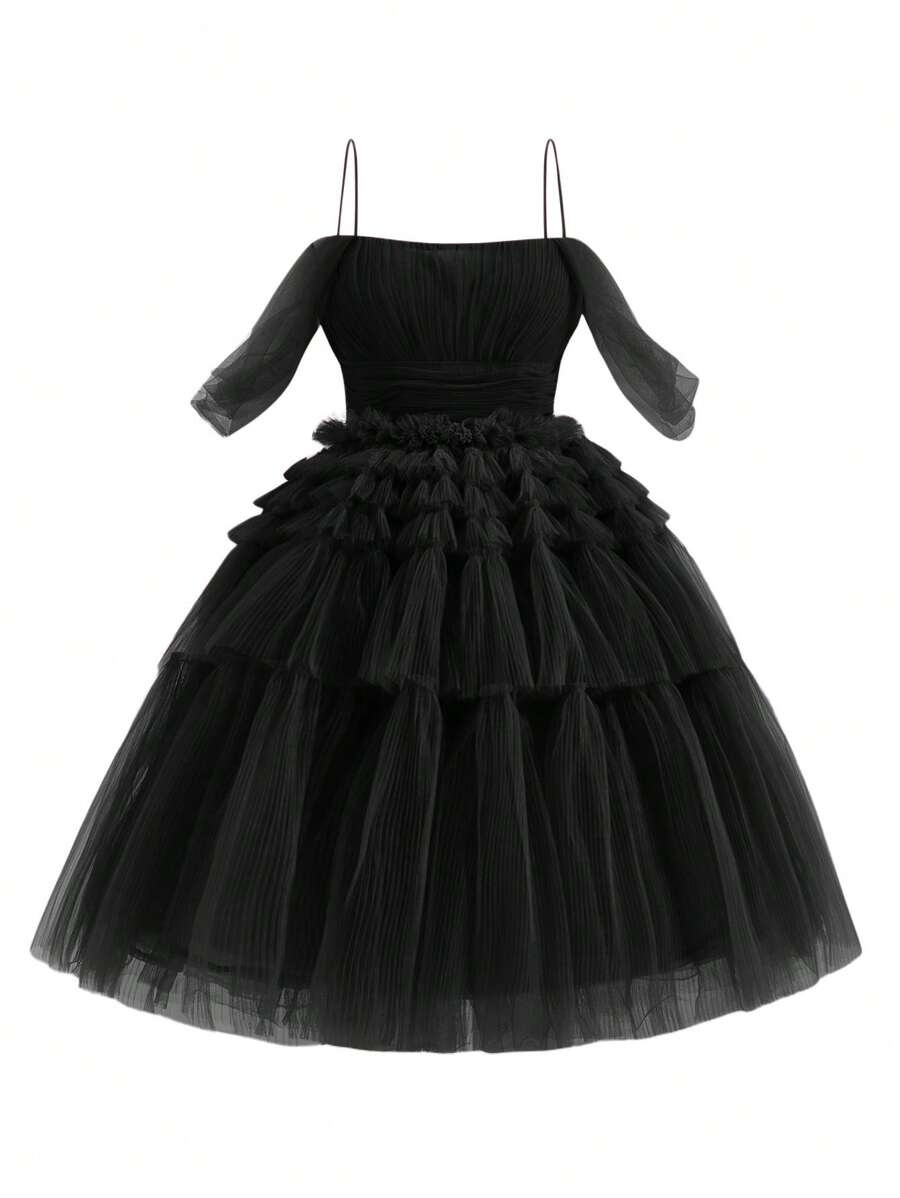 SHEIN Belle Cold Shoulder Mesh Layered Mesh Cake Dress Women Cocktail Fluffy Dress, Halloween - Black - View 1