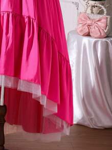 SHEIN Tween Girl High Low Lace And Stretch Satin A-Line Dress - Hot Pink - View 5