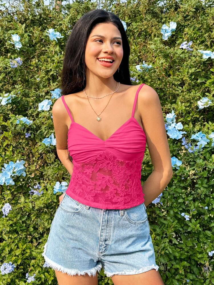 Women Summer Casual Spaghetti Strap Camisole Top With Floral Mesh Panel And Pleated Bust Detail