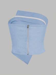 SHEIN Privé Women Solid Ruched Asymmetrical Hem Tube Top For Summer - Blue - View 2