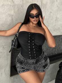 Flirla Plus Lace Up Front Ruched Tube Bodysuit - Black - View 1