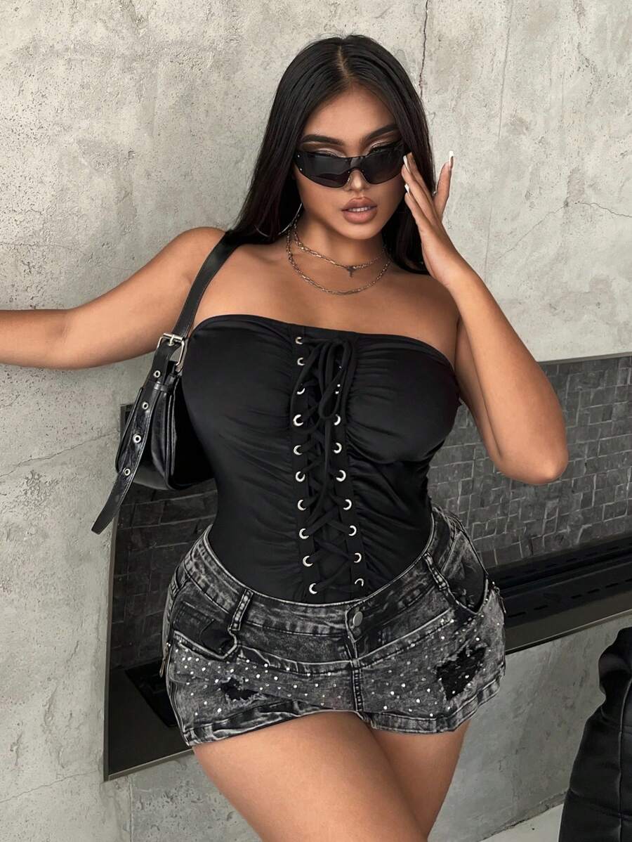 Flirla Plus Lace Up Front Ruched Tube Bodysuit - Black - View 1