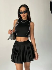 SHEIN Unity Women Summer Sleeveless Crop Top With Stand Collar And Pleated Midi Skirt Casual Set - Black - View 5