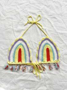 Soleia Chaleco con flecos en el dobladillo con rayas multicolores degradadas románticas para playa y ocasiones casuales para mujeres en verano, graduaciones y Pascua