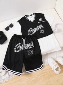 Conjunto de 3 piezas de ropa deportiva y de ocio de baloncesto para chico adolescente, que incluye chaleco, camiseta y pantalones cortos - Negro - Ver 1