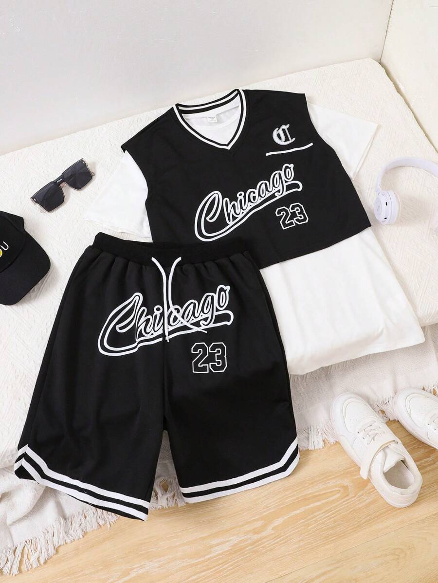 Conjunto de 3 piezas de ropa deportiva y de ocio de baloncesto para chico adolescente, que incluye chaleco, camiseta y pantalones cortos - Negro - Ver 1