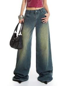 MUSERA Jeans de pierna ancha desgastados para mujer, elegantes y lindos para el verano con estilo de los 90 - Azul - Ver 2