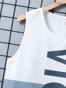 青少年男孩夏季圓領字母印花彩塊背心和短褲套裝 - 白色 - 查看 5
