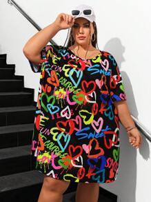 SHEIN CURVE+ Plus Size Heart-Shaped Colorful Printed Short Sleeved H-Line Dress With Round Collar - Multicolor - View 1