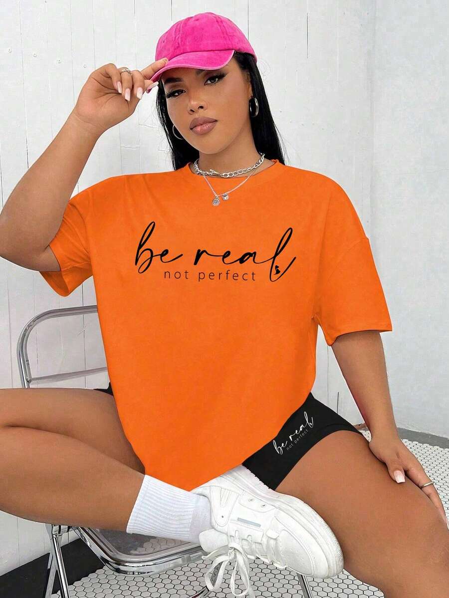 SHEIN Essnce Plus Size Two Pieces Set Of Short-Sleeve Alphabet Print Casual T-Shirt And Shorts - Orange - View 1