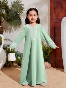 Vestido de manga larga impreso para niña, casual y adecuado para uso diario - Verde - Ver 5