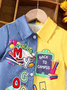 SHEIN Young Girl's Spring/Summer Two-Tone Letter & Book Print Shirt Dress