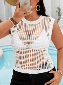 SHEIN Clasi Plus Size Women Solid Color Hollow Out Knit Sleeveless Sweater With Round Neckline - White - View 6