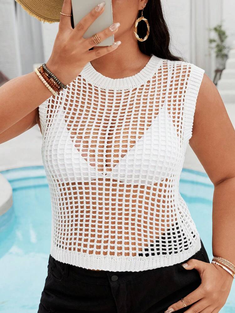 Plus Size Women Solid Color Hollow Out Knit Sleeveless Sweater With Round Neckline