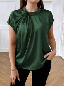 Vionelle Blusa de seda de unicolor holgada de moda para mujer talla grande - Verde Oscuro - Ver 3