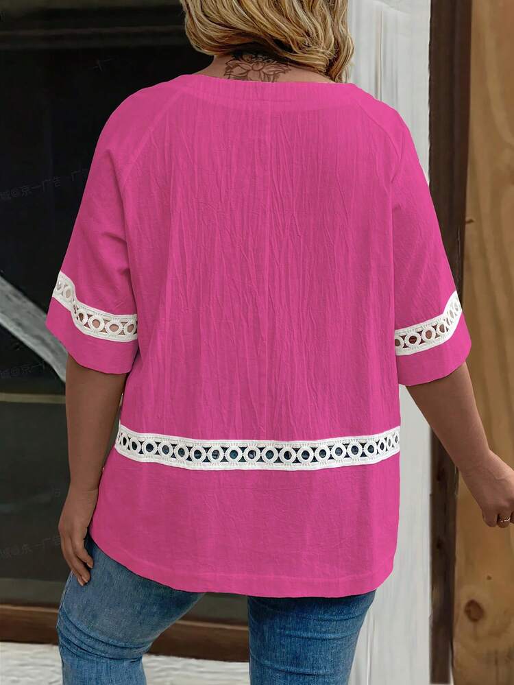 Plus Size Summer Casual Loose Fit Short Sleeve Shirt With Lace Insets And Cold Shoulder Design