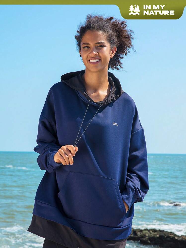 Letter Graphic Kangaroo Pocket Drawstring Outdoor Sweatshirt