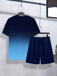 Manfinity Dauomo Men Summer Casual Set - Letter Printed Ombre Short Sleeve T-Shirt And Shorts