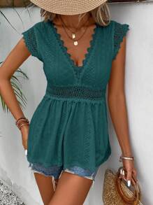 SHEIN Frenchy Camiseta de manga corta con cuello en V y unicolor para mujer, perfecta para atuendos de vacaciones en primavera y verano