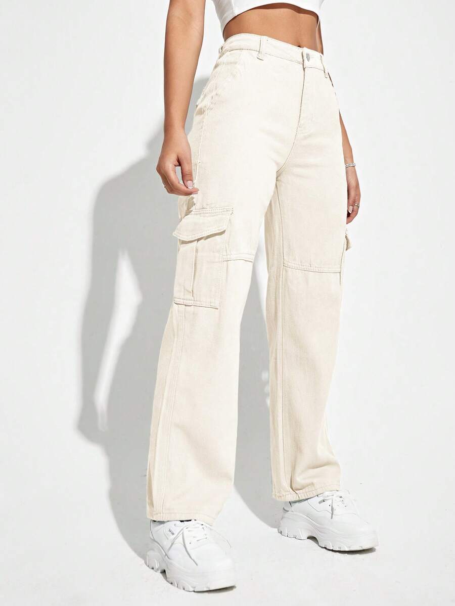 SHEIN EZwear Casual Solid Color Workwear Denim Pants - Apricot - View 1