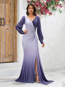 YISIKADO Women Evening Party Dress With Lantern Sleeves, Sequins, V-Neck, Open Back, Ombre Color And High Slit Elegant Long Sleeve Formal Prom Wedding Guest Gown, For Graduation, Dinner