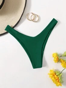 SHEIN Swim 夏季海灘純色V字腰游泳比基尼褲，適用於度假泳池 - 墨綠色 - 查看 3