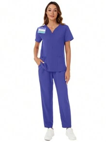 V 领短袖上衣，带口袋和口袋裤，手术服，护士套装 - 藍色 - 查看 1