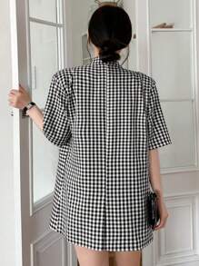 DAZY Women Spring And Summer Plaid Printed Patchwork Collar Short Sleeve Casual Loose Blazer Business Attire School Western Outfits For Women Cute Tops - Black and White - View 5
