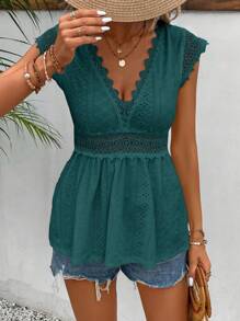 SHEIN Frenchy Camiseta de manga corta con cuello en V y unicolor para mujer, perfecta para atuendos de vacaciones en primavera y verano