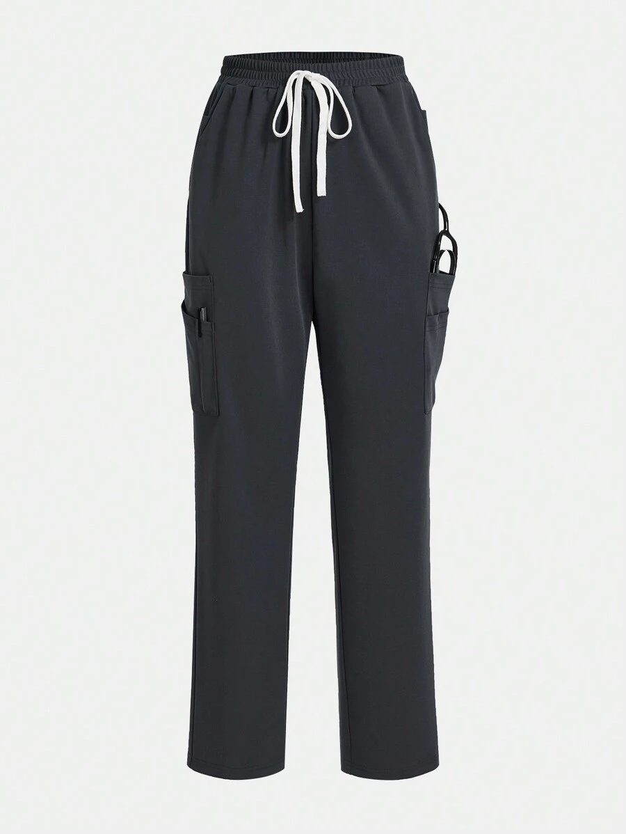 TaskEZ Women's 11-Pocket Drawstring Scrub Pants - Dark Grey - View 1