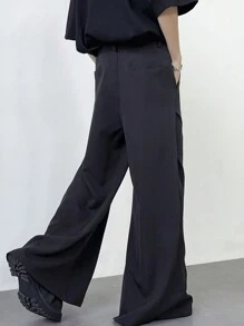 Manfinity Hypemode Men Solid Color Pleated High Waisted Wide Leg Loose Casual Pants With Pockets Oversize Long Flare Plain Black Going Out - Black - View 2