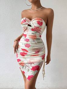 SHEIN Privé Women Floral Print Pleated Strapless Dress - Apricot - View 5