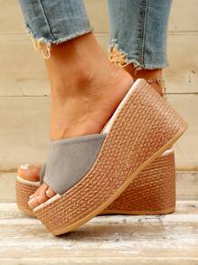 Sandalias de tacón alto y punta abierta para mujer en gris para el verano con suelas de cuña de poliuretano