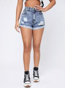 SHEIN ICON Shorts de mezclilla de ajuste delgado descoloridos de moda para mujer