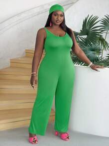 Slaydiva 加大尺碼假日休閒綠色無袖連身褲配發帶 - 綠色 - 查看 5
