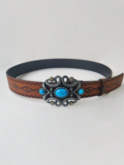 Hippie 1pc Women Brown Belt With Sapphire Decorated Buckle For Daily Wear