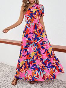SHEIN VCAY Summer Asymmetrical Neckline Full Print Dress With Ruffle Hem - Multicolor - View 4