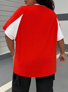 Coolane 大尺碼夏季休閒字母拼接印花倒針織袖T恤 - 紅色 - 查看 2