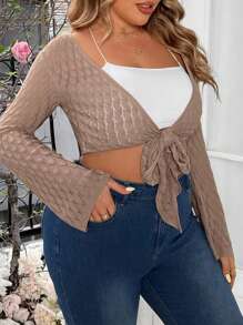 Flirla Plus Size Women Solid Color Long Sleeve Waist Tie Cropped Casual Cardigan For Spring/Summer - Apricot - View 4