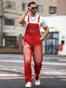 Manfinity Homme Hombres overoles casuales de mezclilla lavados con agua y bordado de letras - Rojo - Ver 6