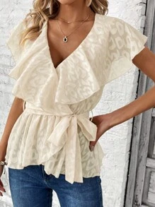 Chiquease Leisure Solid Color Cutout Ruffle Trim Shirt - Apricot - View 3